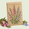 Kraft seed packet illustrated with Dazzler Blend Penstemon, with fresh Dazzler Blend Penstemon beside it