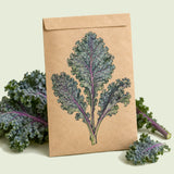 Kraft seed packet illustrated with Dazzling Blue Kale, with fresh Dazzling Blue Kale beside it