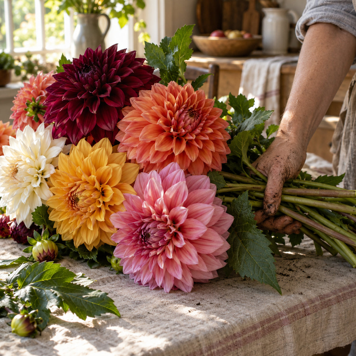 Decorative Double Blend Dahlia Seeds harvest up close