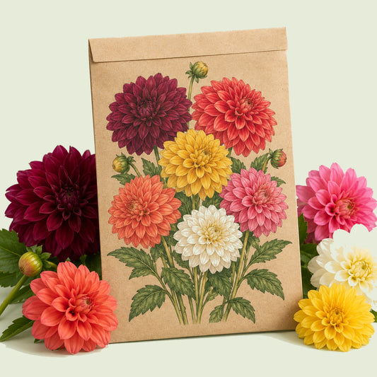Kraft seed packet illustrated with Decorative Double Blend Dahlia, with fresh Decorative Double Blend Dahlia beside it