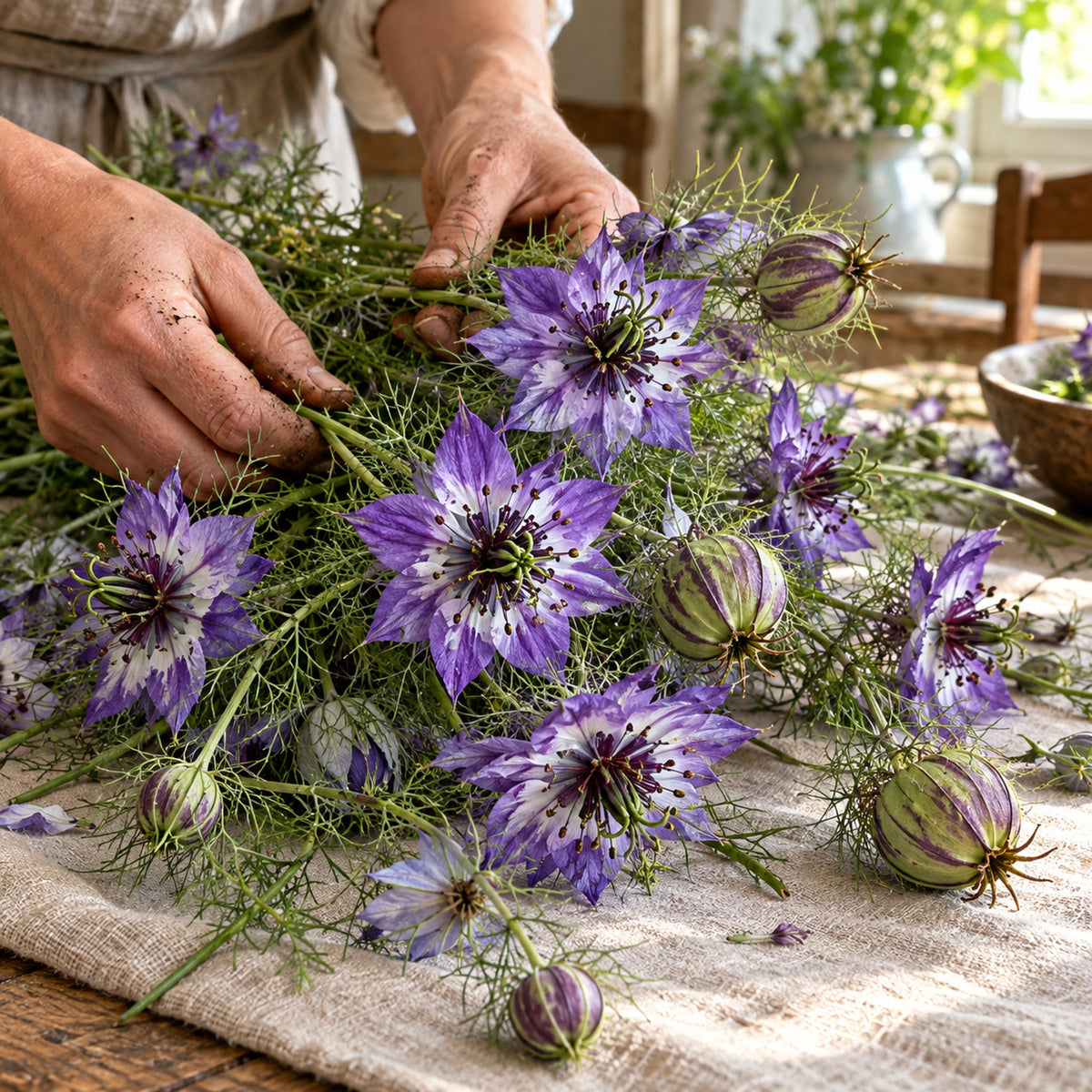 Delft Blue Love In A Mist Seeds harvest up close