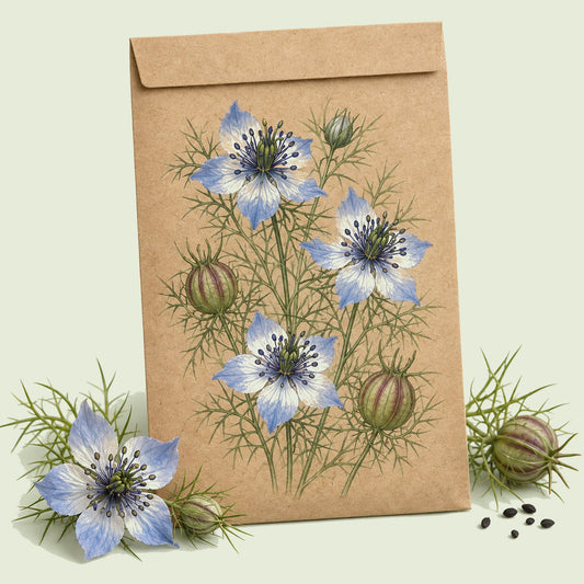 Kraft seed packet illustrated with Delft Blue Love In A Mist, with fresh Delft Blue Love In A Mist beside it