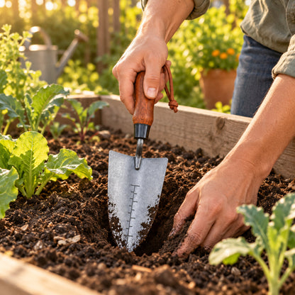 Depth-Marked Hand Trowel in use in a home garden