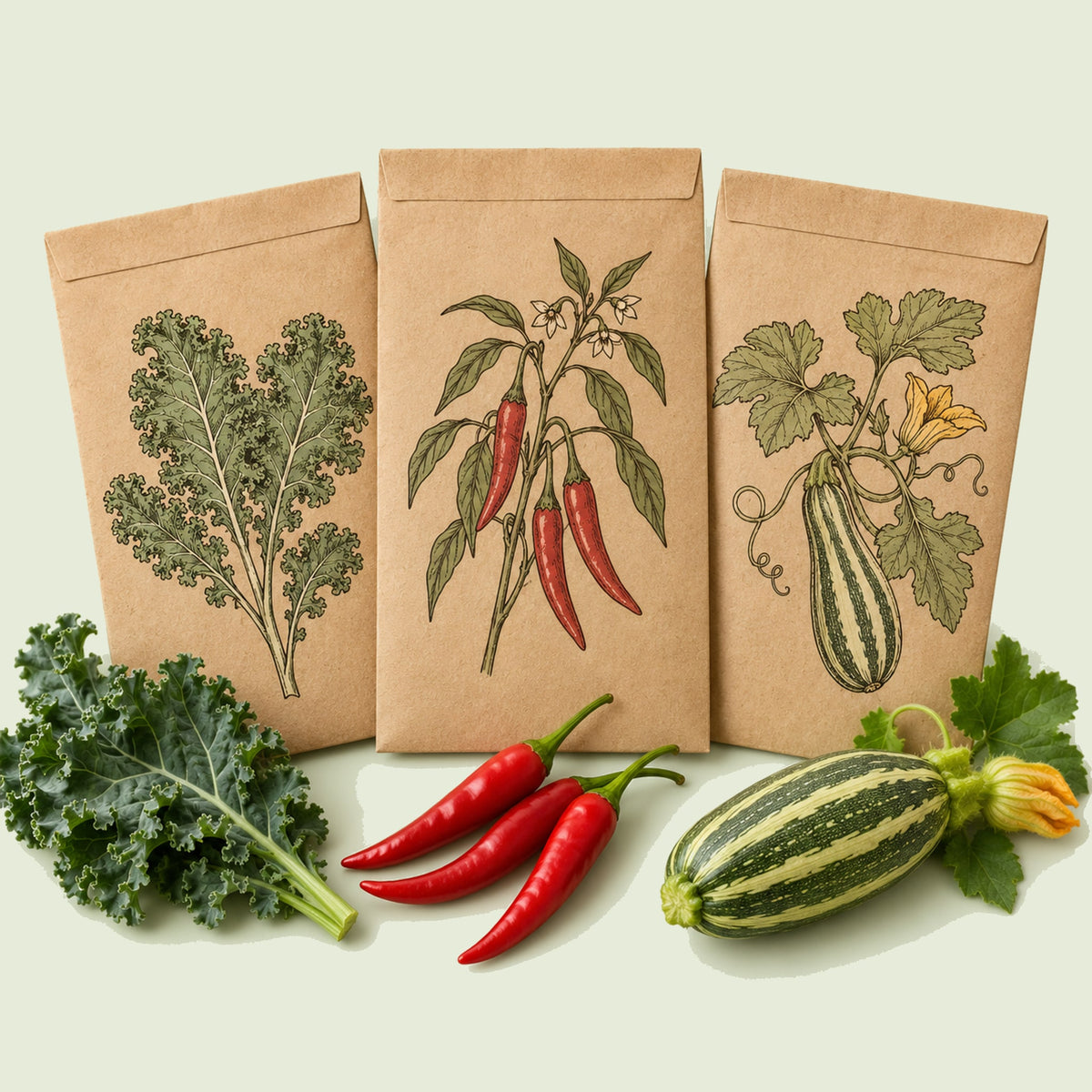 Kraft seed packet illustrated with Desert West Garden Seed Bundle, with fresh Desert West Garden Seed Bundle beside it