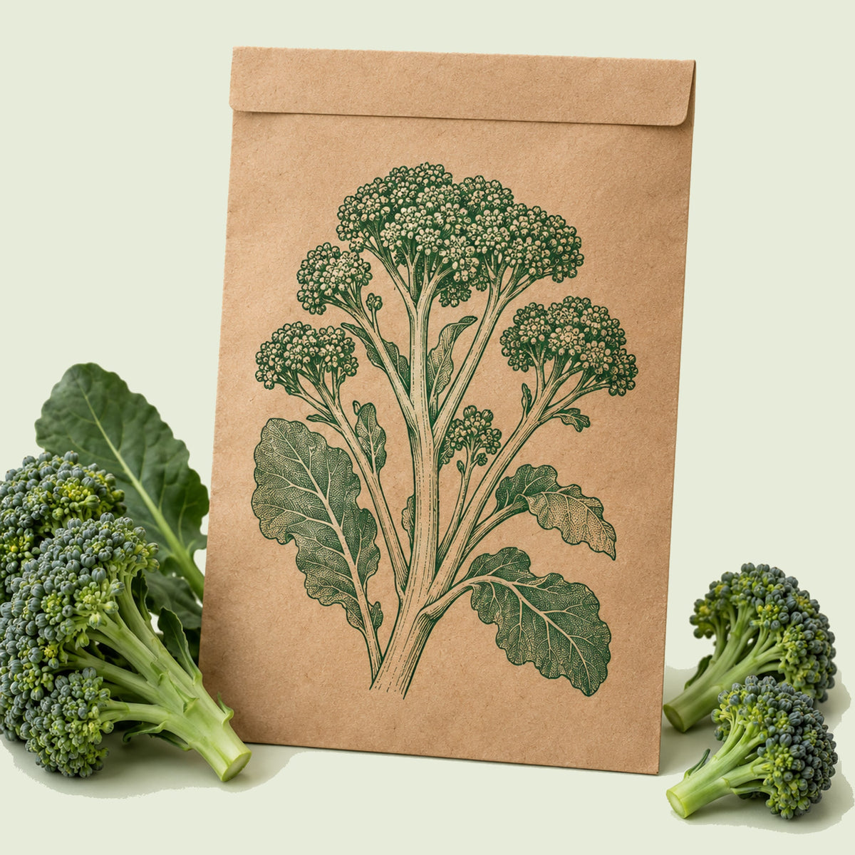 Kraft seed packet illustrated with Di Cicco Broccoli, with fresh Di Cicco Broccoli beside it