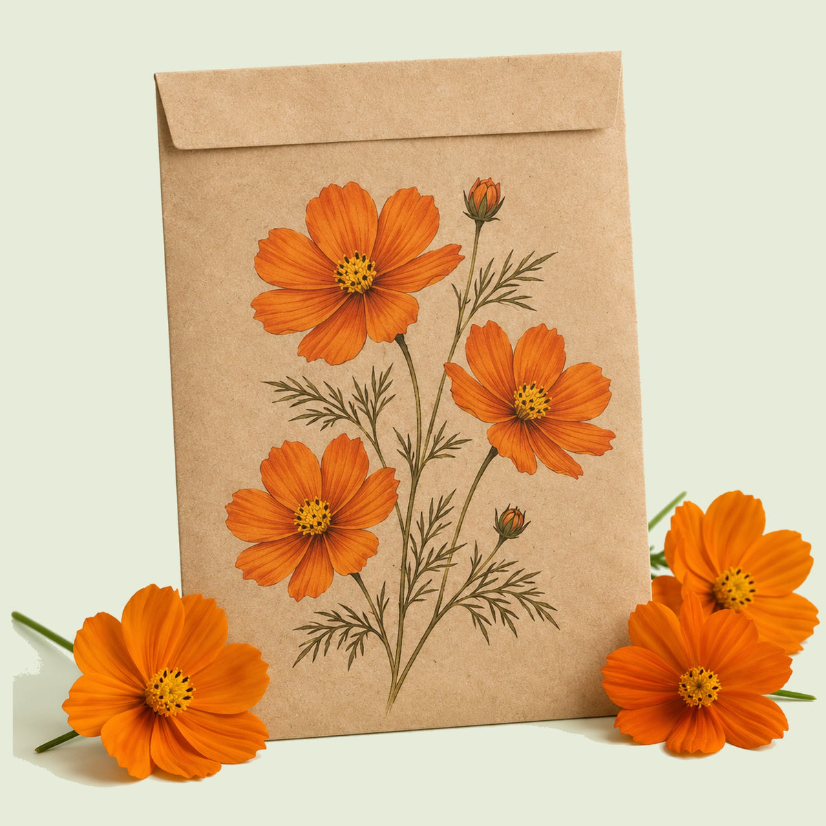 Kraft seed packet illustrated with Diablo Cosmos, with fresh Diablo Cosmos beside it