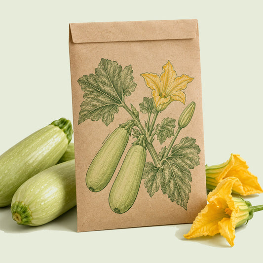 Kraft seed packet illustrated with Dirani Summer Squash, with fresh Dirani Summer Squash beside it
