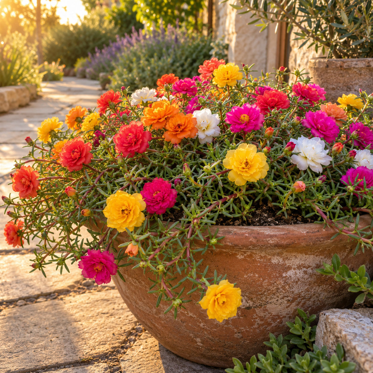 Double Blend Portulaca (Moss Rose) Seeds growing in a home garden