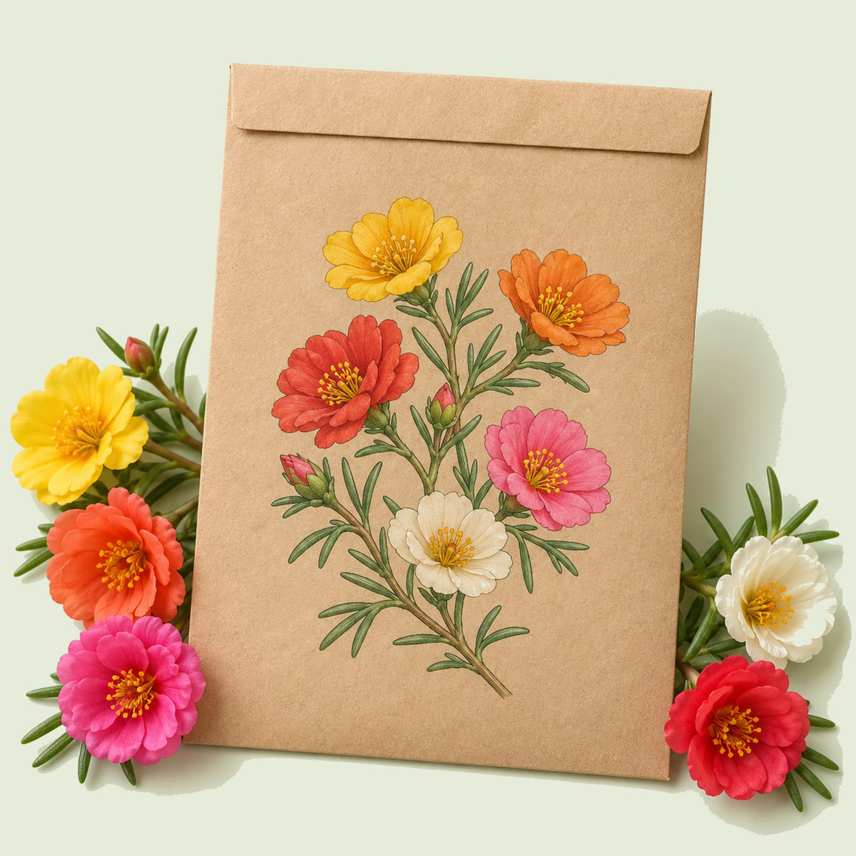Kraft seed packet illustrated with Double Blend Portulaca (Moss Rose), with fresh Double Blend Portulaca (Moss Rose) beside it