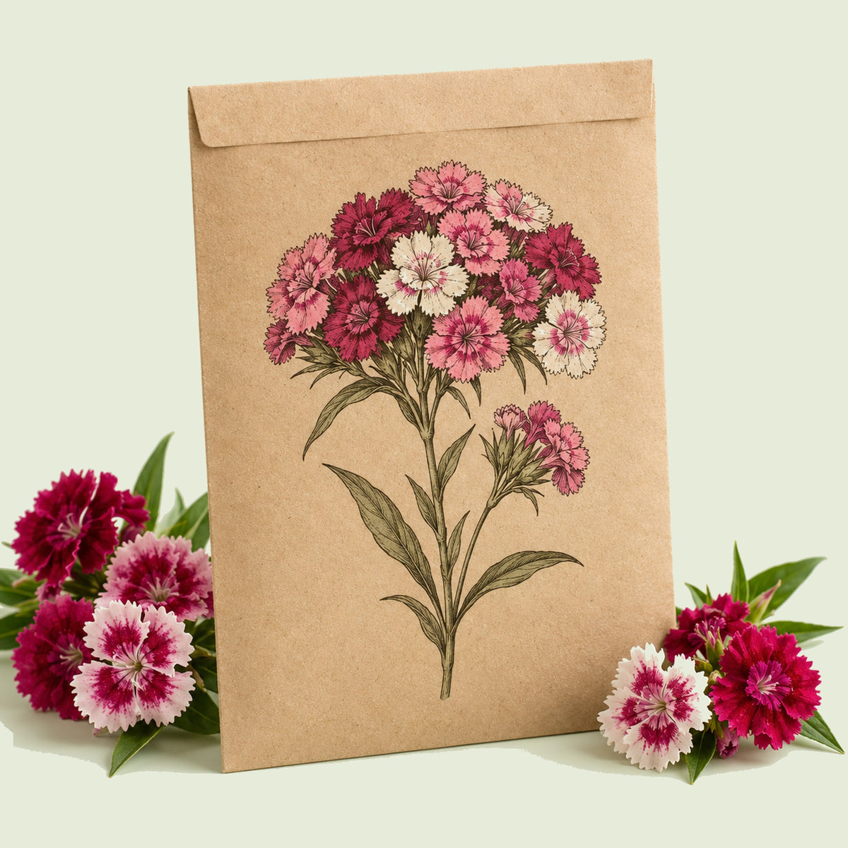 Kraft seed packet illustrated with Double Blend Sweet William, with fresh Double Blend Sweet William beside it