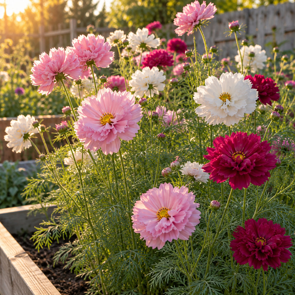 Double Click Blend Cosmos Seeds growing in a home garden