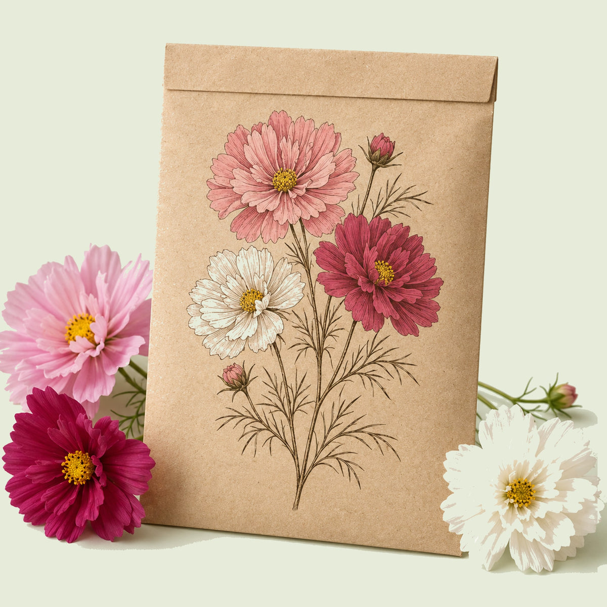 Kraft seed packet illustrated with Double Click Blend Cosmos, with fresh Double Click Blend Cosmos beside it
