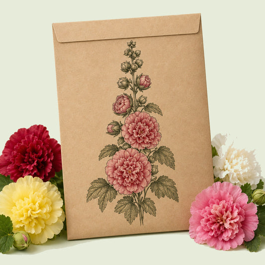 Kraft seed packet illustrated with Double Hollyhock, with fresh Double Hollyhock beside it