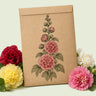 Kraft seed packet illustrated with Double Hollyhock, with fresh Double Hollyhock beside it