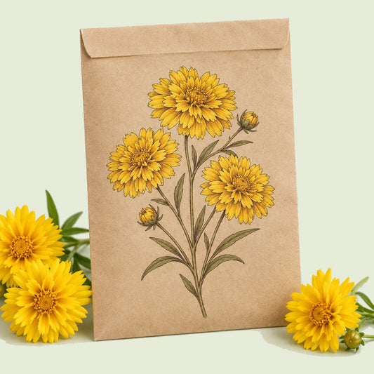 Kraft seed packet illustrated with Double Sunburst Coreopsis, with fresh Double Sunburst Coreopsis beside it