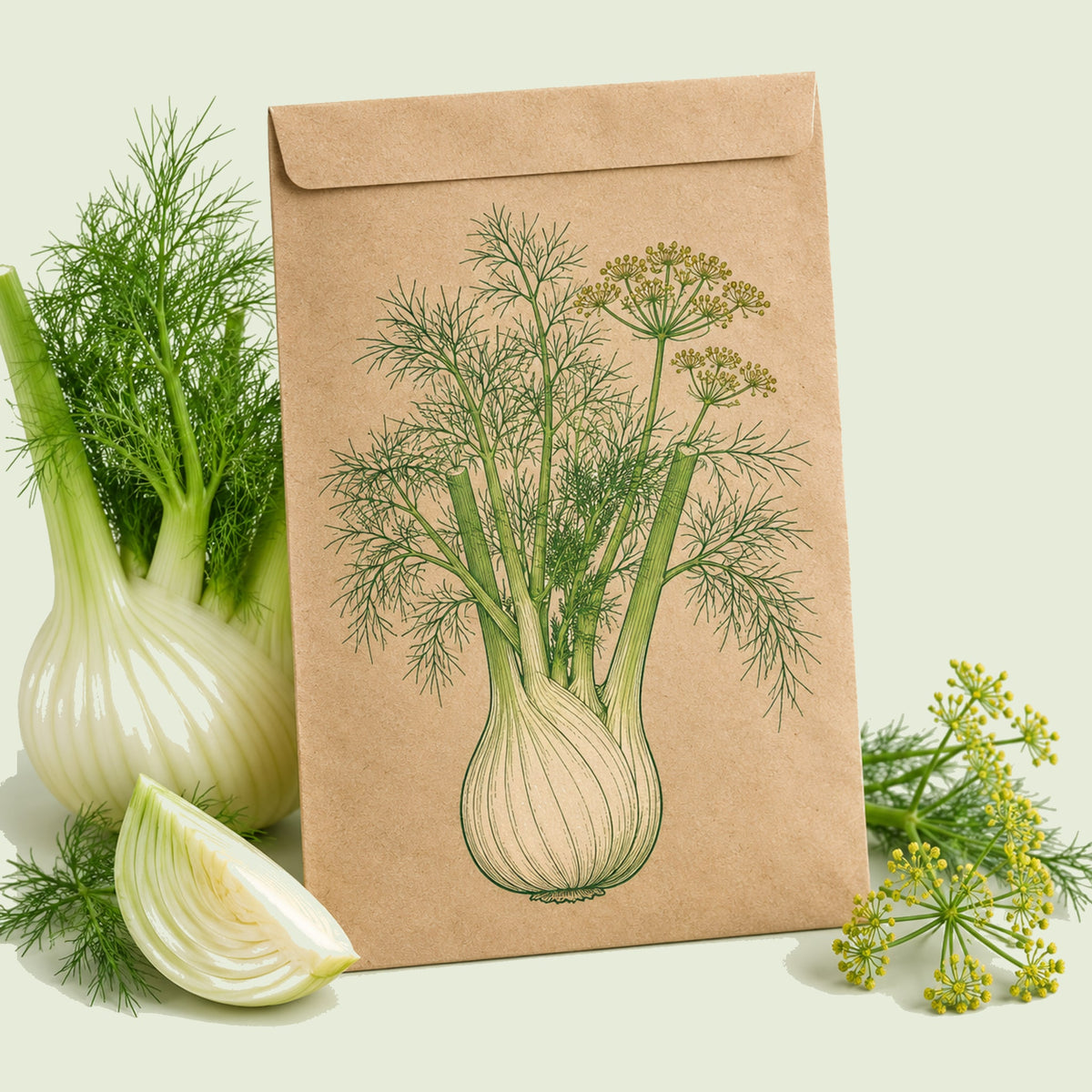 Kraft seed packet illustrated with Dragon Fennel, with fresh Dragon Fennel beside it