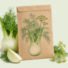 Kraft seed packet illustrated with Dragon Fennel, with fresh Dragon Fennel beside it