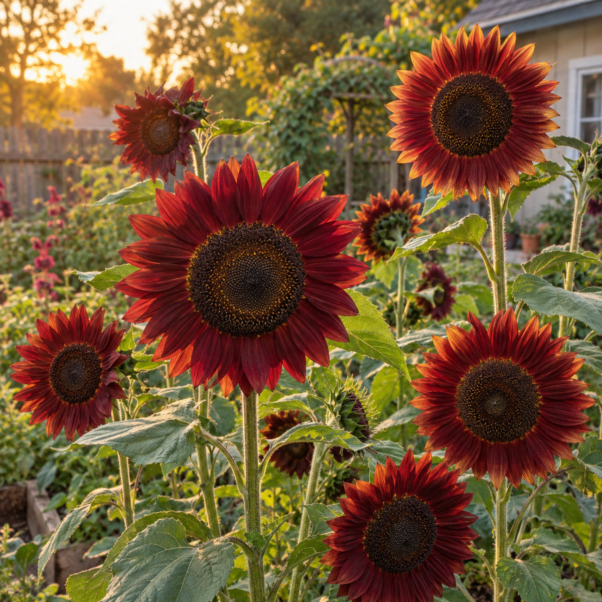Drop Dead Red Sunflower Seeds growing in a home garden