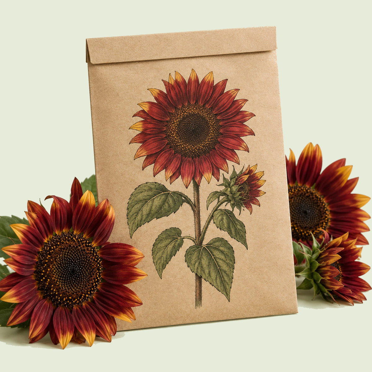 Kraft seed packet illustrated with Drop Dead Red Sunflower, with fresh Drop Dead Red Sunflower beside it