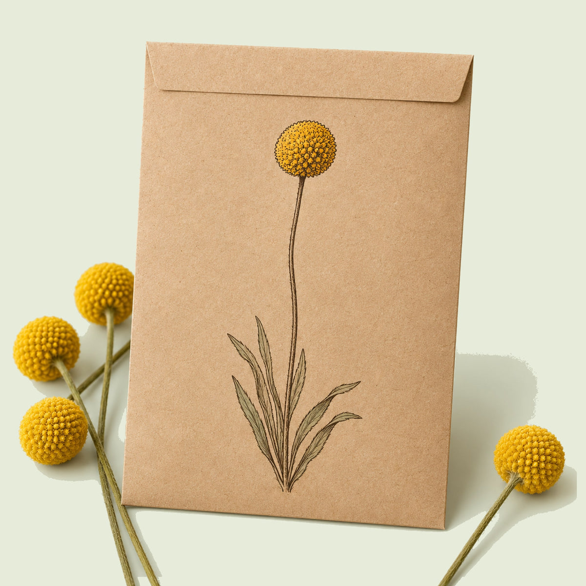 Kraft seed packet illustrated with Drumstick Flower Craspedia, with fresh Drumstick Flower Craspedia beside it