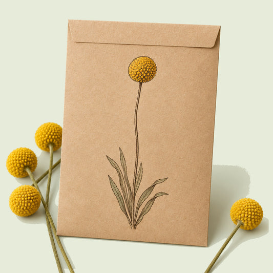 Kraft seed packet illustrated with Drumstick Flower Craspedia, with fresh Drumstick Flower Craspedia beside it