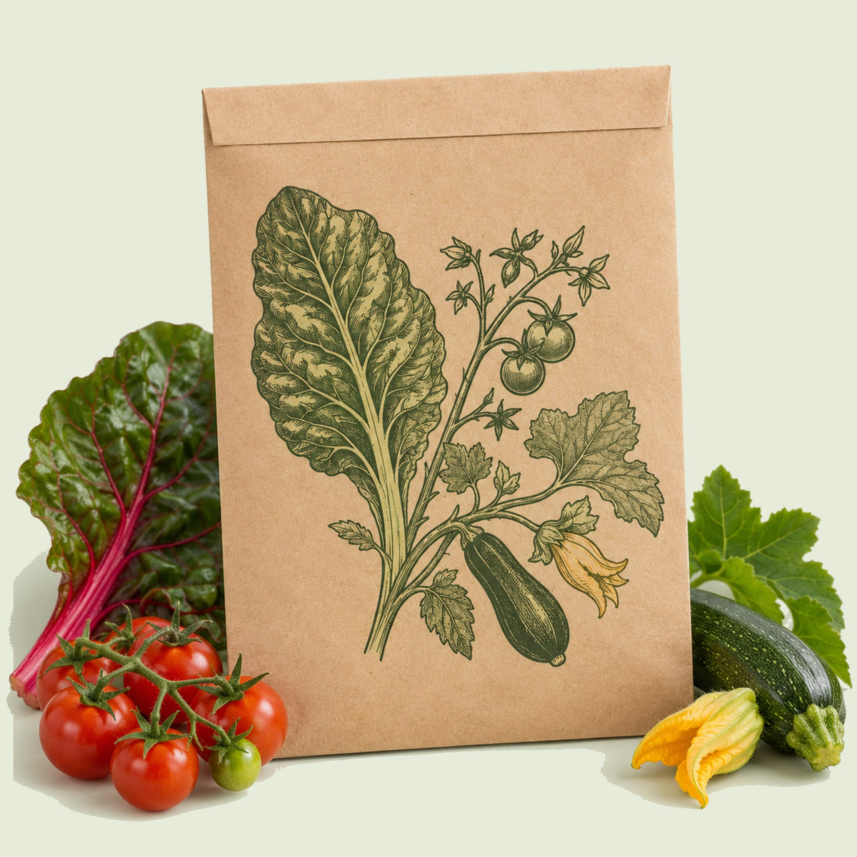 Kraft seed packet illustrated with Dry Spell Vegetable Seed Pack, with fresh Dry Spell Vegetable Seed Pack beside it
