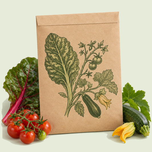 Kraft seed packet illustrated with Dry Spell Vegetable Seed Pack, with fresh Dry Spell Vegetable Seed Pack beside it