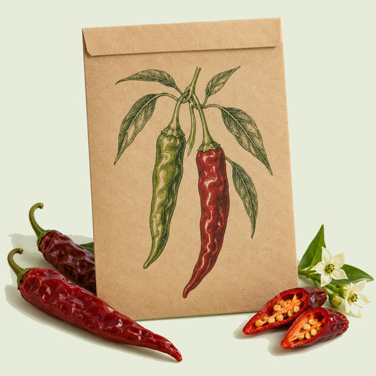 Kraft seed packet illustrated with Durango Mirasol Chile Pepper, with fresh Durango Mirasol Chile Pepper beside it
