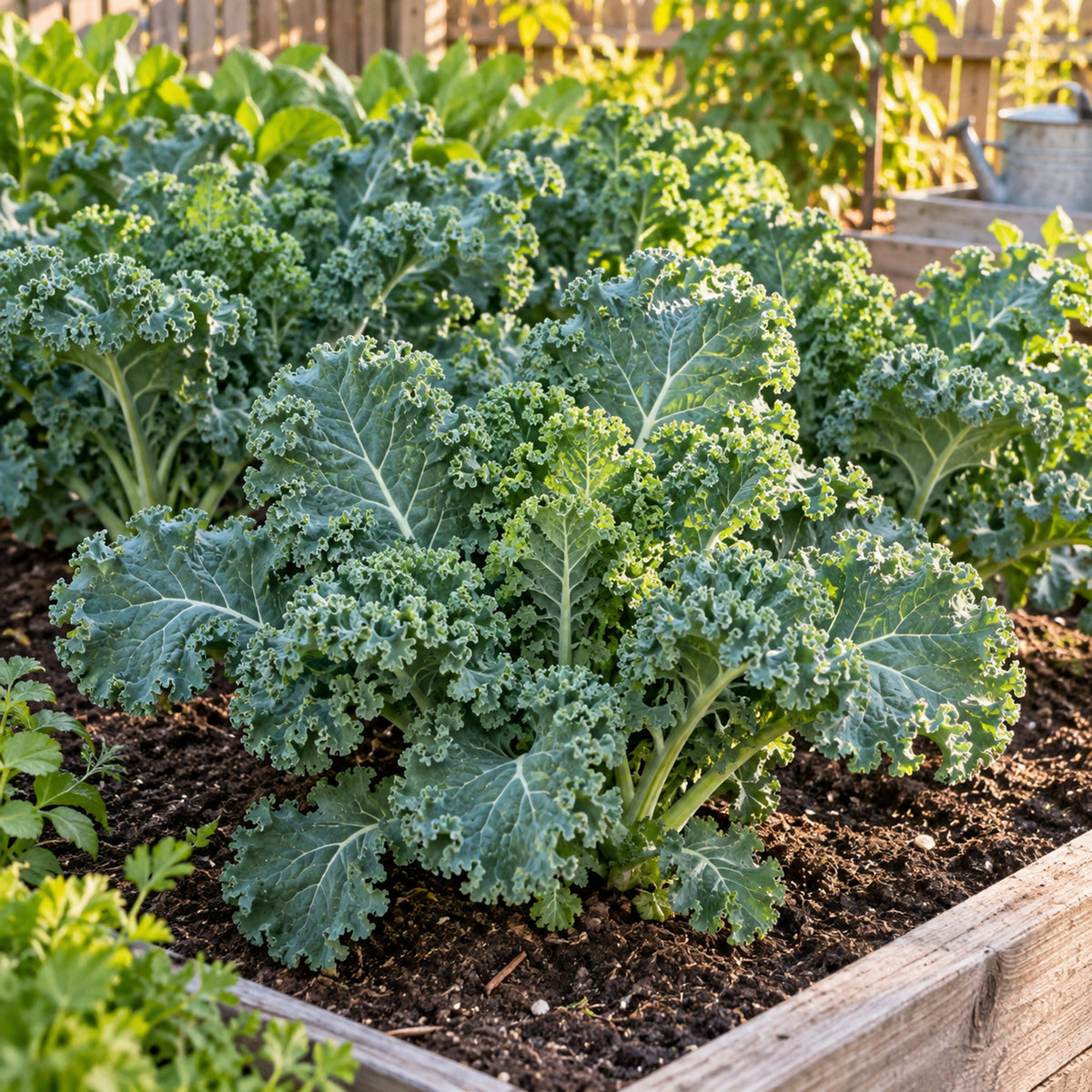 Dwarf Blue Curled Kale Seeds growing in a home garden