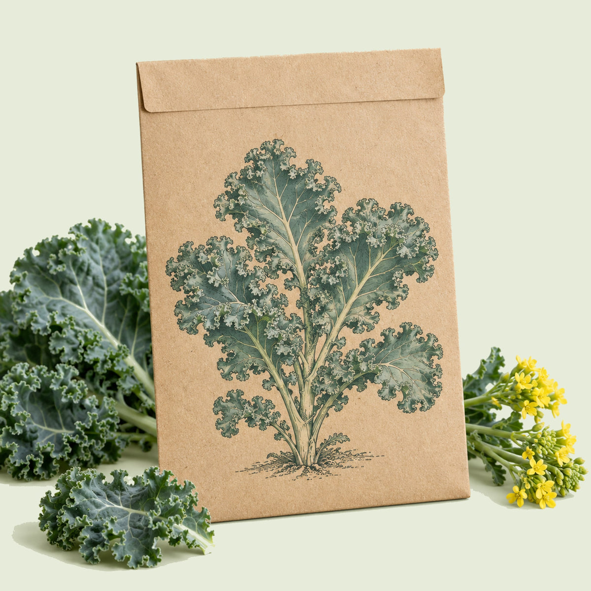 Kraft seed packet illustrated with Dwarf Blue Curled Kale, with fresh Dwarf Blue Curled Kale beside it