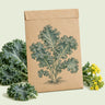 Kraft seed packet illustrated with Dwarf Blue Curled Kale, with fresh Dwarf Blue Curled Kale beside it