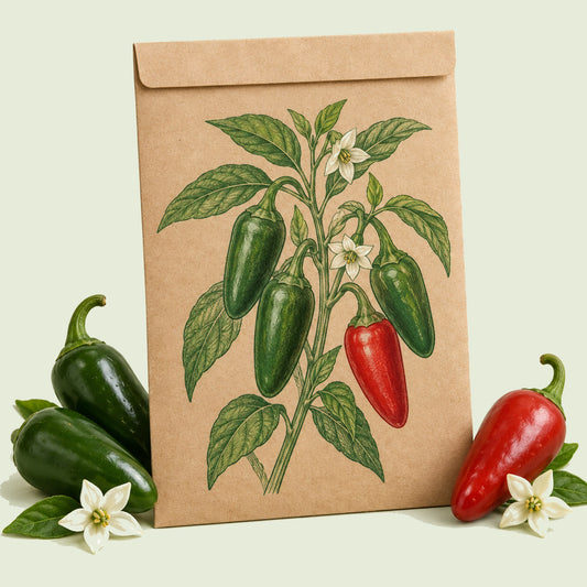 Kraft seed packet illustrated with Early Jalapeño Chile Pepper, with fresh Early Jalapeño Chile Pepper beside it