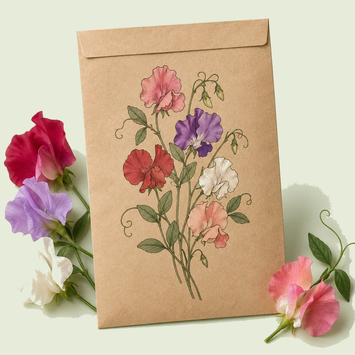 Kraft seed packet illustrated with Early Multiflora Blend Sweet Pea, with fresh Early Multiflora Blend Sweet Pea beside it