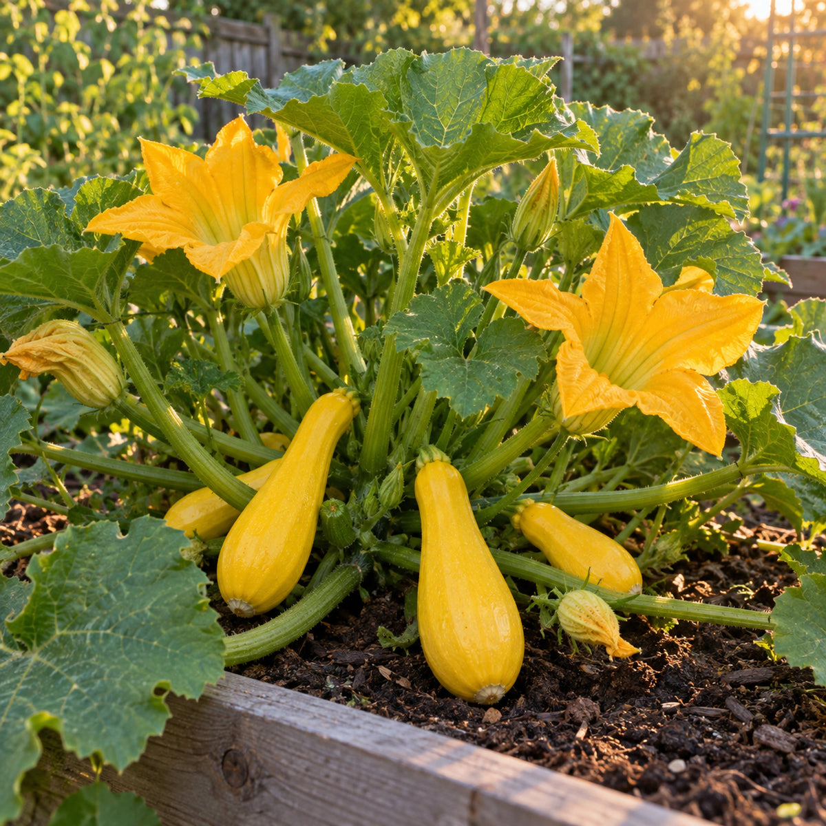 Early Prolific Straightneck Summer Squash Seeds growing in a home garden