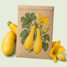 Kraft seed packet illustrated with Early Prolific Straightneck Summer Squash, with fresh Early Prolific Straightneck Summer Squash beside it