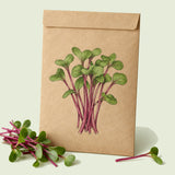 Kraft seed packet illustrated with Early Wonder Beet Microgreens, with fresh Early Wonder Beet Microgreens beside it