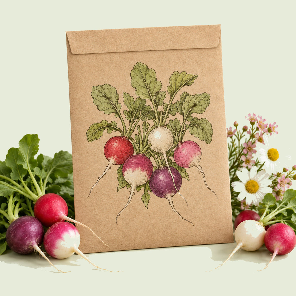 Kraft seed packet illustrated with Easter Egg Radish Blend, with fresh Easter Egg Radish Blend beside it