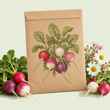Kraft seed packet illustrated with Easter Egg Radish Blend, with fresh Easter Egg Radish Blend beside it
