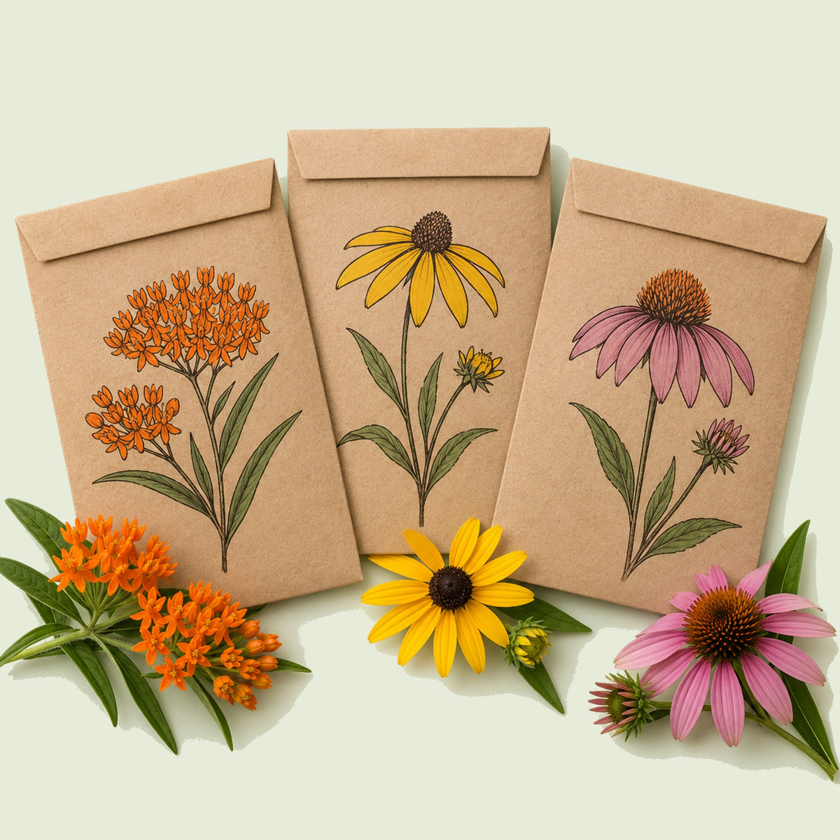 Kraft seed packet illustrated with Eastern Butterfly Flower Gift Set, with fresh Eastern Butterfly Flower Gift Set beside it