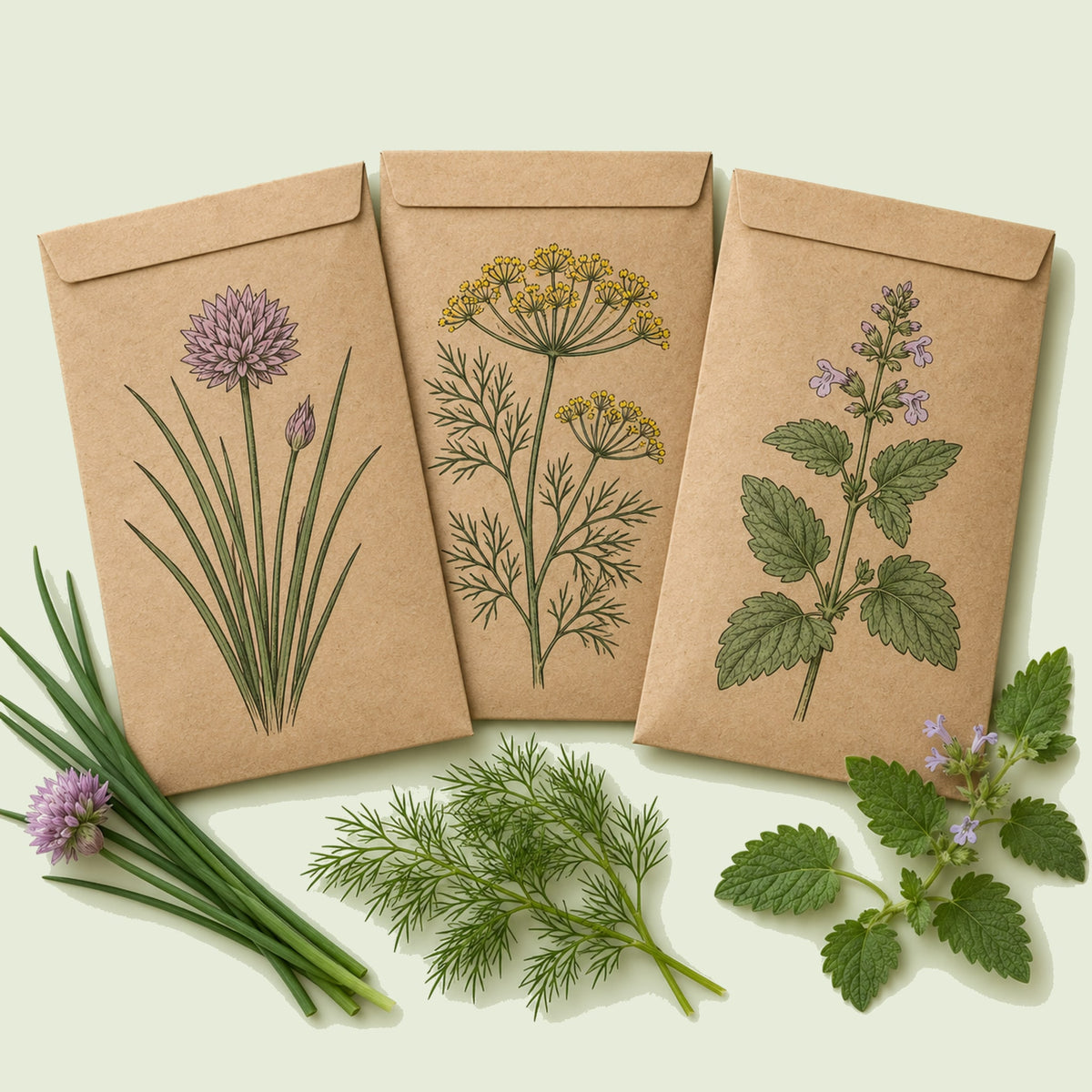 Kraft seed packet illustrated with Kitchen Herb Seed Bundle, with fresh Kitchen Herb Seed Bundle beside it
