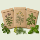 Kraft seed packet illustrated with Easygoing Herb Seed Pack, with fresh Easygoing Herb Seed Pack beside it
