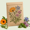 Kraft seed packet illustrated with Edible Flower And Herb Mix, with fresh Edible Flower And Herb Mix beside it