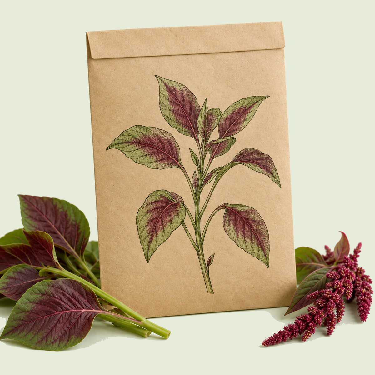 Kraft seed packet illustrated with Edible Red Leaf Amaranth, with fresh Edible Red Leaf Amaranth beside it