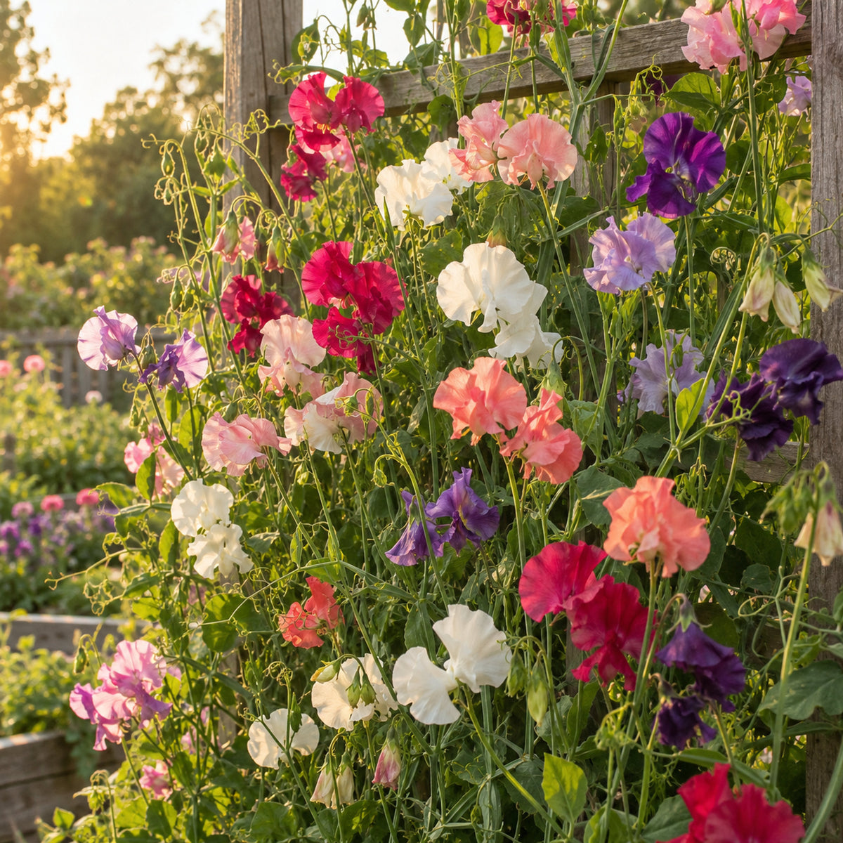 Elegance Blend Sweet Pea Seeds growing in a home garden