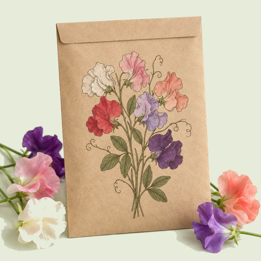 Kraft seed packet illustrated with Elegance Blend Sweet Pea, with fresh Elegance Blend Sweet Pea beside it