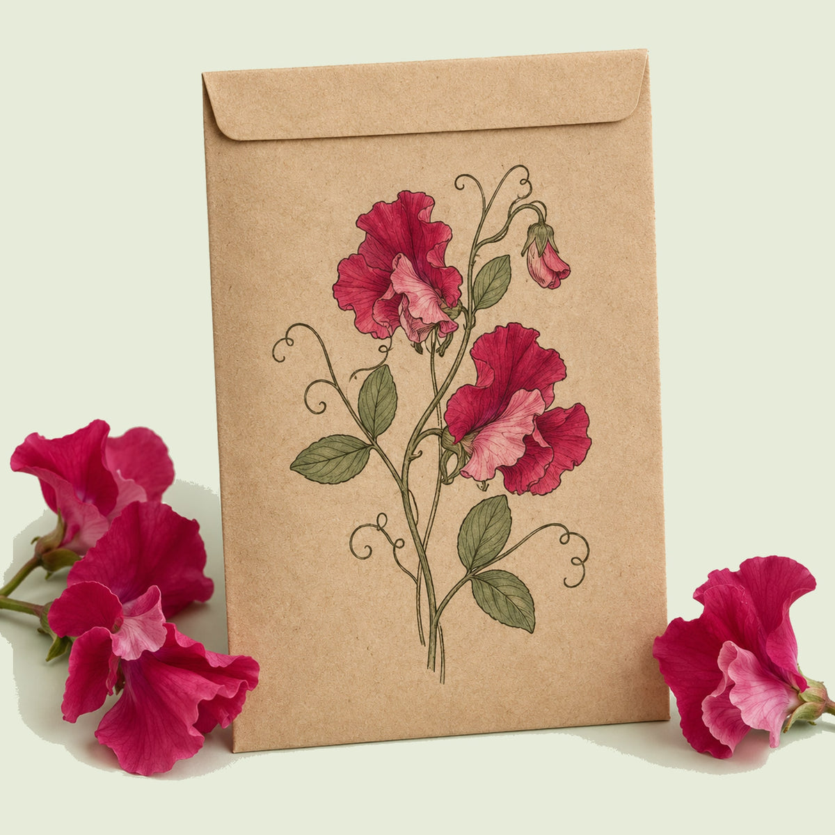 Kraft seed packet illustrated with Elegance Lipstick Sweet Pea, with fresh Elegance Lipstick Sweet Pea beside it