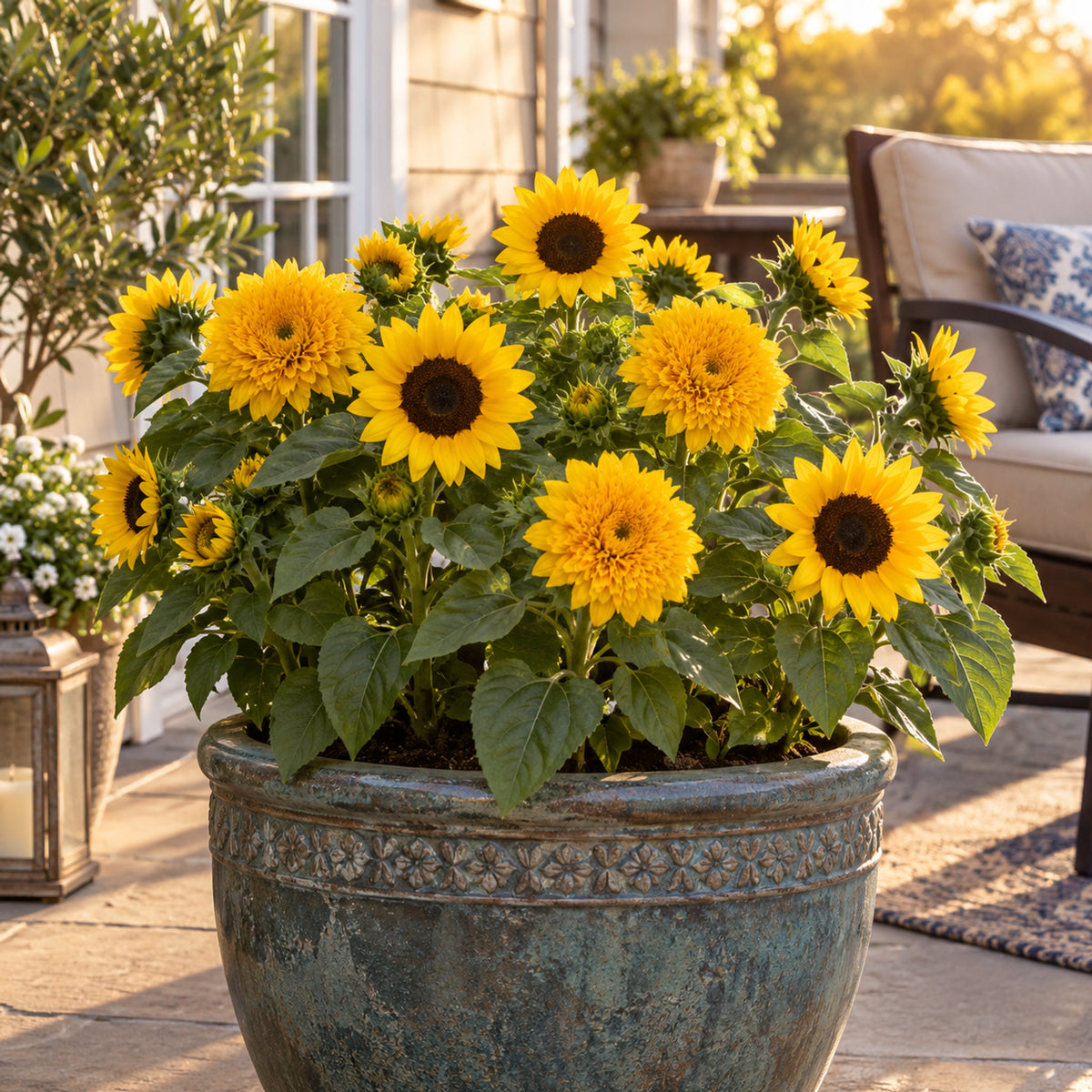Elves Blend Dwarf Sunflower Seeds growing in a home garden