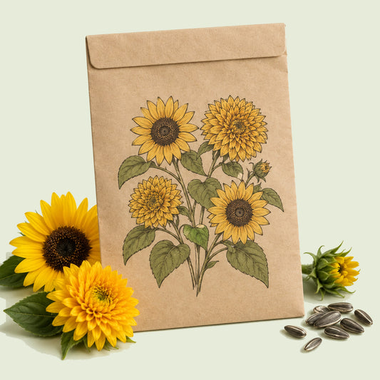 Kraft seed packet illustrated with Elves Blend Dwarf Sunflower, with fresh Elves Blend Dwarf Sunflower beside it
