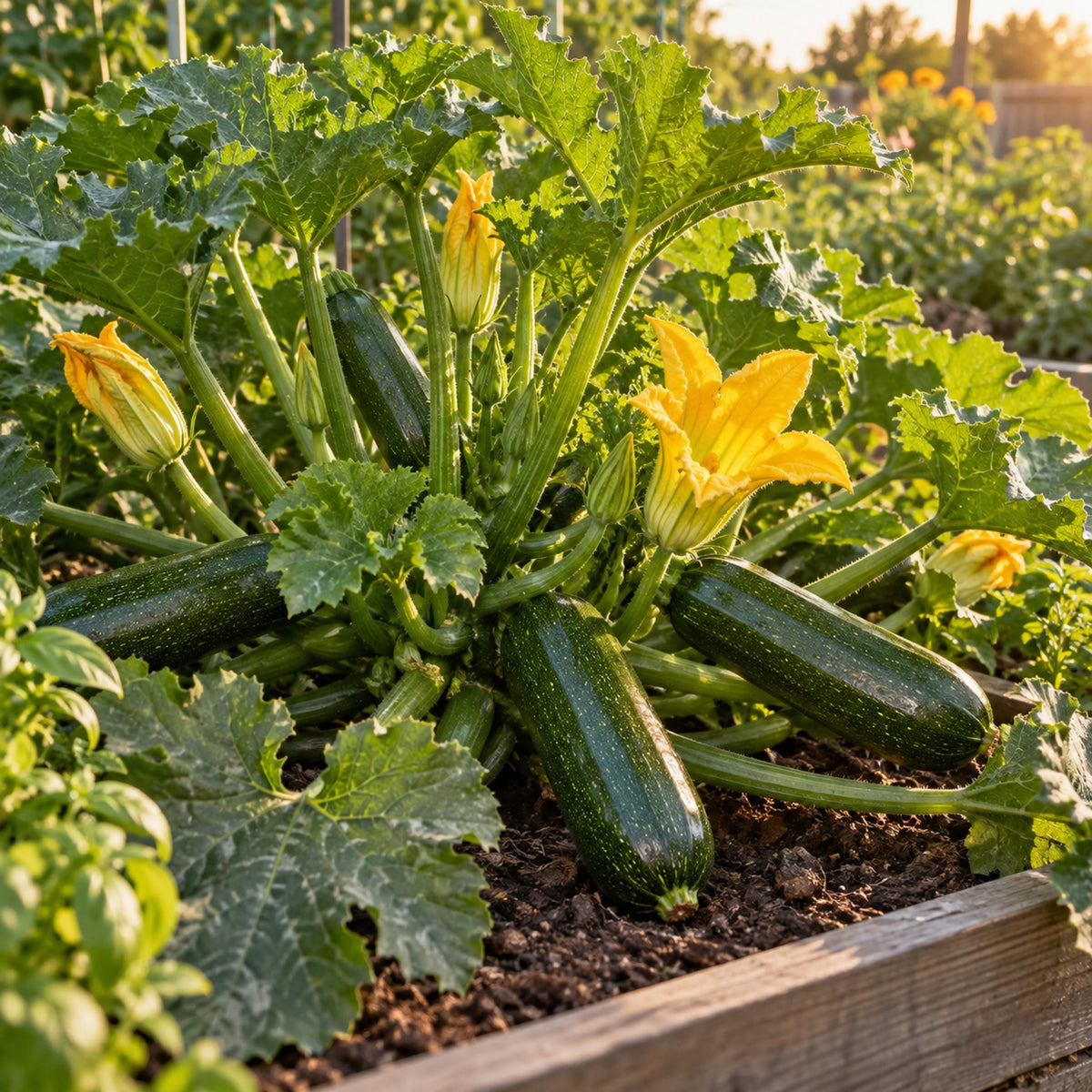 Emerald Delight Summer Squash Seeds growing in a home garden