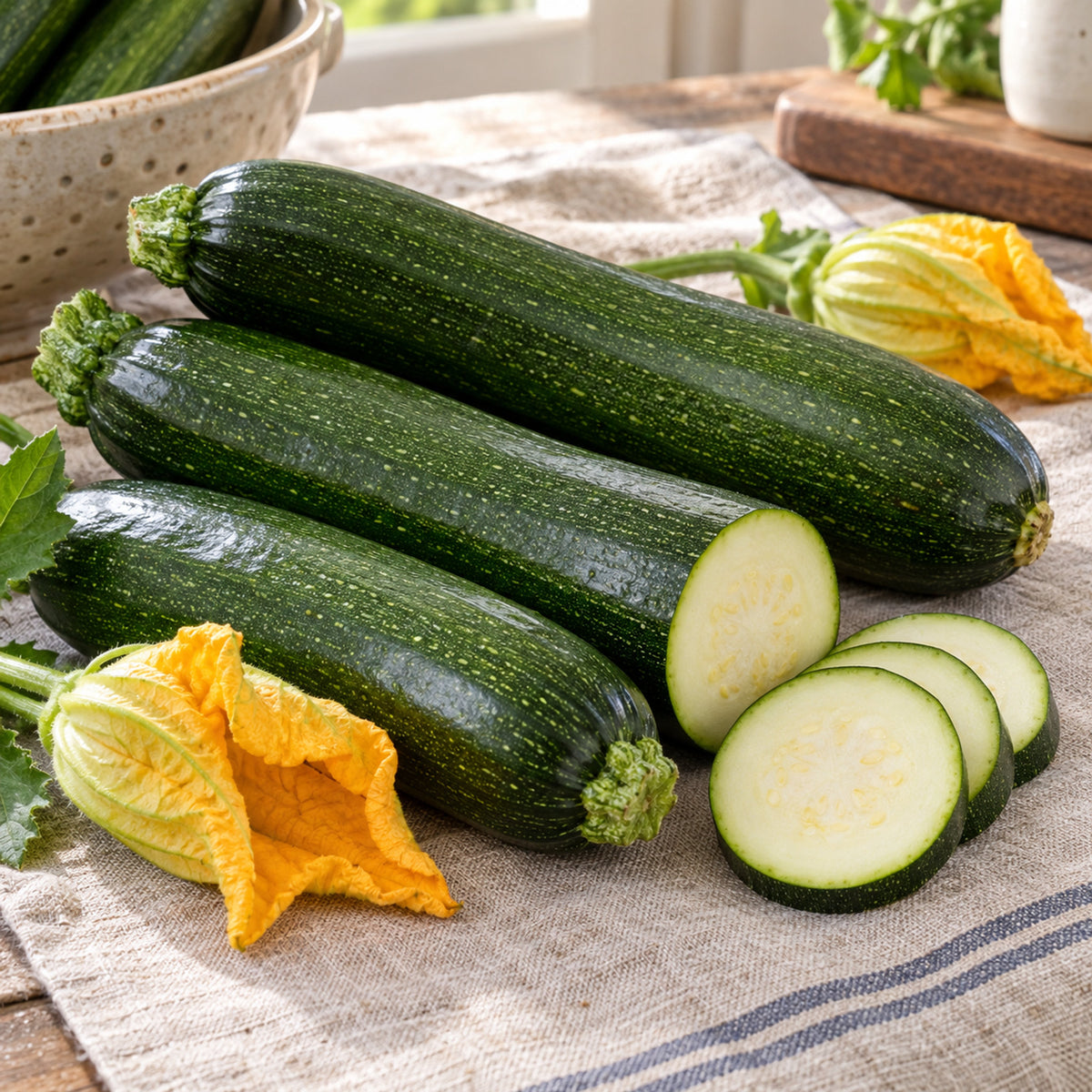 Emerald Delight Summer Squash Seeds harvest up close